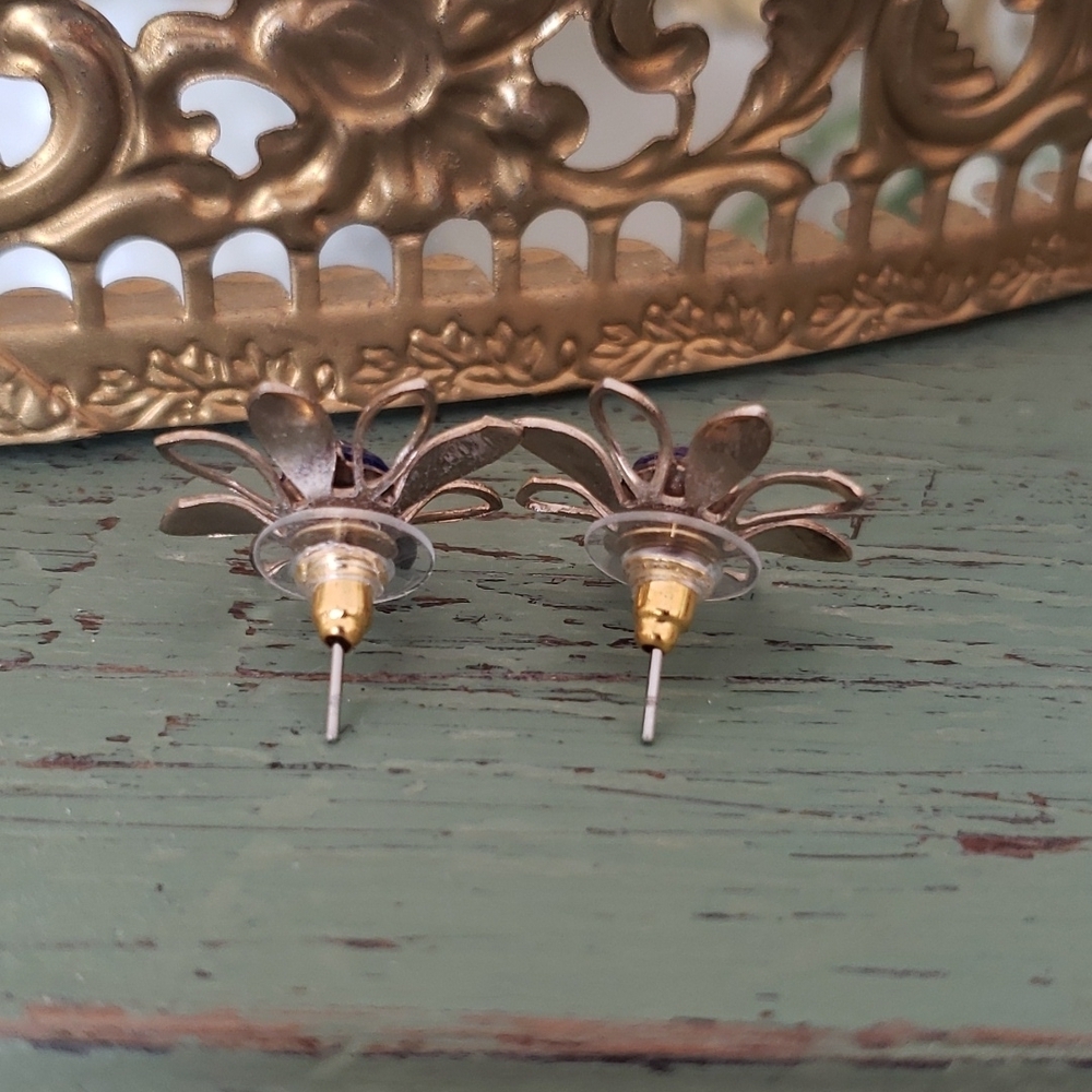 Vintage Gold Blue Rhinestone Reworked Stud Earrings - Picture 3 of 3
